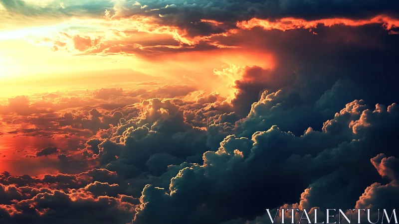 Sunset storm clouds burn with vivid orange and deep blue.