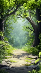 Luminous Forest Path Through Ancient Trees.