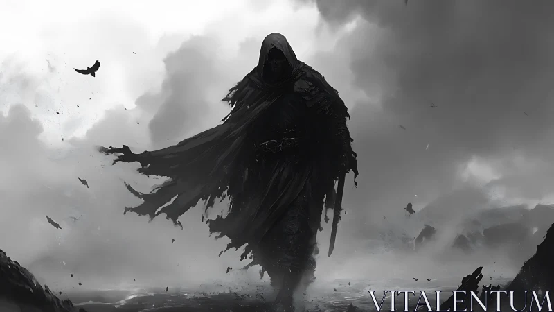 Hooded wraith strides through storm-lashed monochrome wasteland.