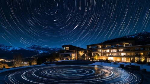 Long-exposure star trails over modern alpine hotel courtyard
