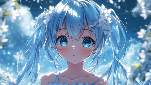 Blue-haired anime girl under glowing night sky blooms.