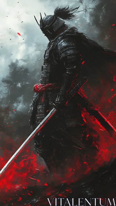 Storm-lit shadow samurai walks through a rising ember tide