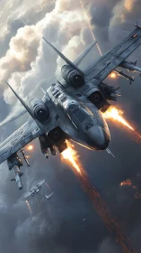 Futuristic twin-engine fighter jet diving through clouds.