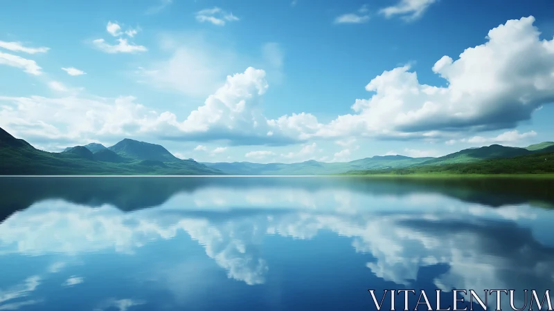 Mirror lake panorama with distant mountains and cloudscape.