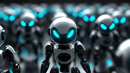 3D robot army with glowing cyan eyes in tight formation.