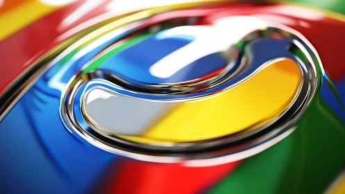 Glossy chrome swirl over colorful abstract surface.