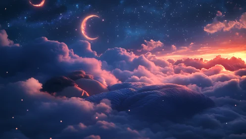 Rendered child lies on cloud surface under stylized crescent moons