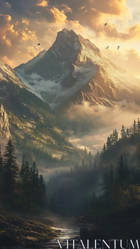 Golden sunrise wraps a quiet mountain valley in soft light