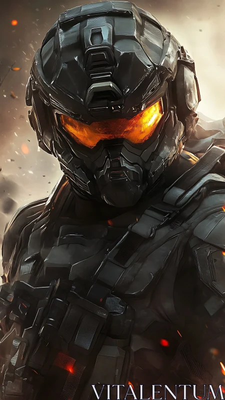 Armored exosuit soldier with molten visor in combat haze