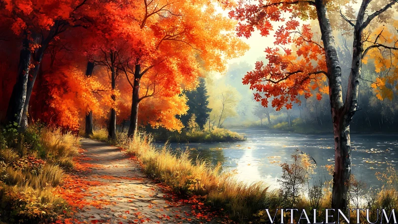 Digital painting of autumn riverside path with luminous foliage.