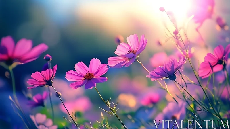 Dreamy Pink Cosmos Flowers Dancing in Golden Sunlight