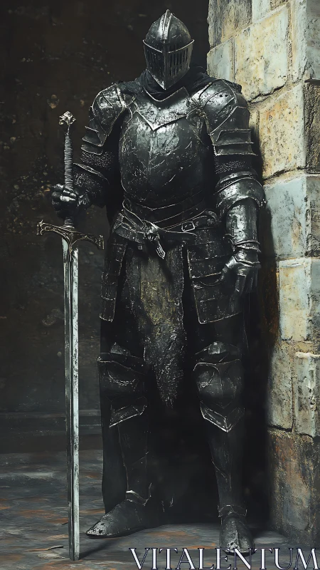 Heavily patinated gothic knight in full plate harness.