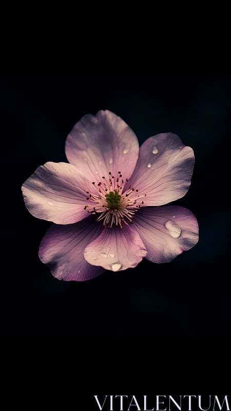 Delicate Pink Blossom with Water Droplets Against Black.