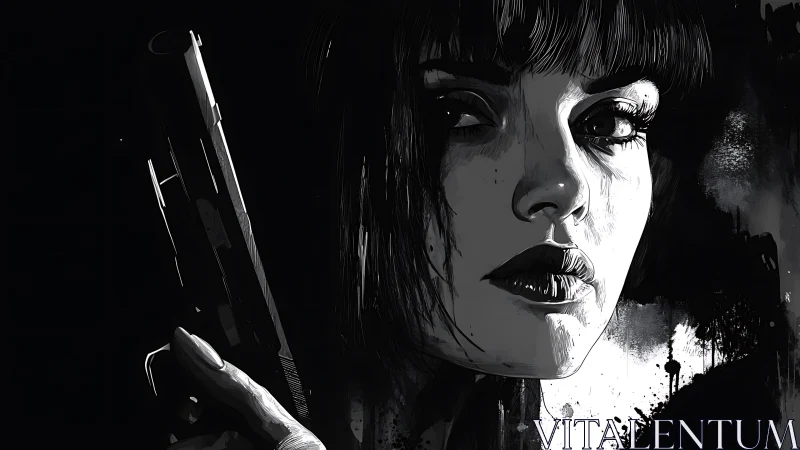 Woman with handgun in high contrast monochrome portrait