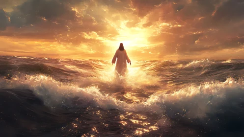 Radiant robed figure walks upon sunlit stormy sea at dawn.