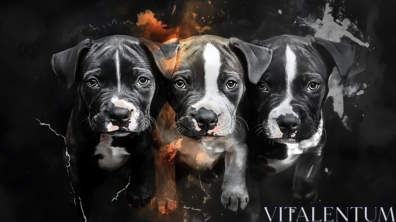 Three soulful puppies emerge from a dramatic dark canvas