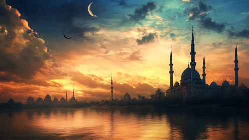 Crescent moon above riverfront mosque skyline at vivid dusk