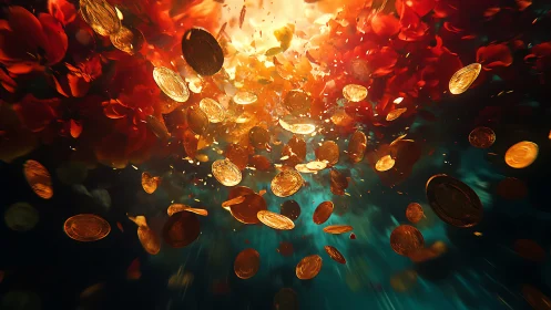 Explosive radial burst of golden coins with red petal debris
