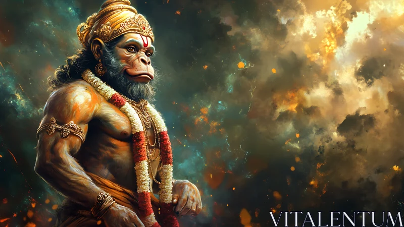 Divine warrior monkey god amid blazing cosmic clouds.