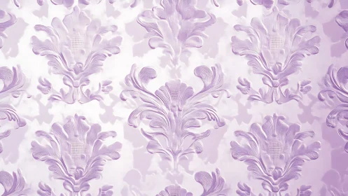 Lilac damask pattern with raised ornamental leaf motifs.