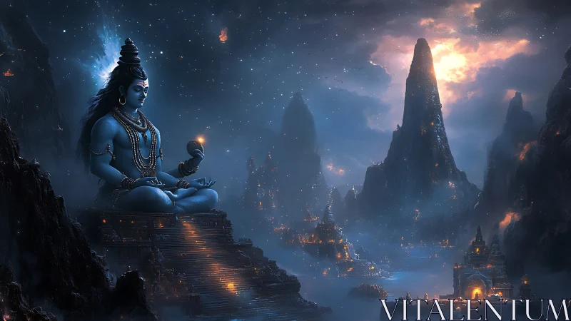 Cosmic Shiva meditates above starlit Himalayan temple realm.