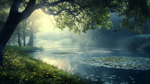 Sunlit forest river with misty lilies at dawn glow.