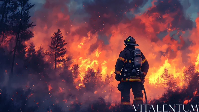 Firefighter operates in active forest fire with high-intensity flames.