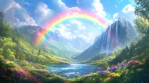 Spectral arc over alpine valley with cascades and luminous florals