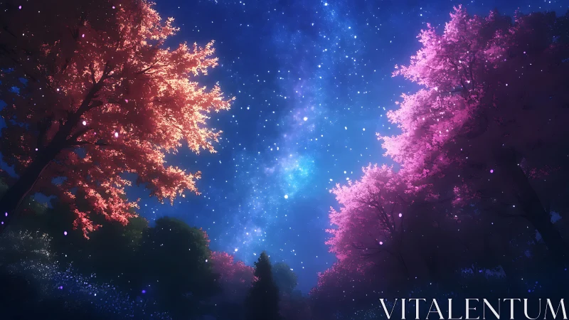 Night forest canopy with colored foliage and star field.