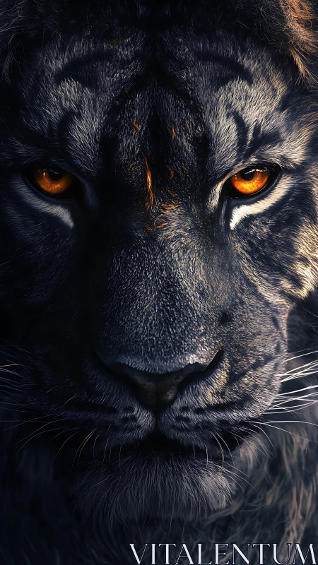 Lion Portrait with Luminous Amber Eyes in Dramatic Sunlit Contrast.