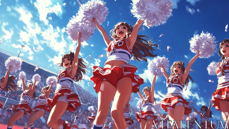 Cheerleaders celebrate under vivid stadium skies in motion.