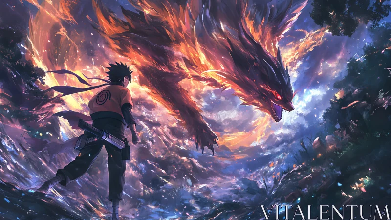 Anime ninja confronts blazing fox spirit in wild sky battlefield.