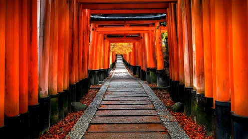 Vermilion torii corridor frames stone path in autumn light.