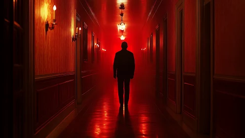 Silhouetted figure walks a red-lit hotel corridor in suspense