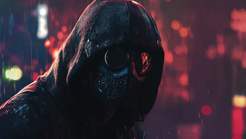 Hooded figure in tactical respirator under neon night rain
