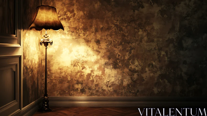 Lonely brass floor lamp quietly paints stories on plaster