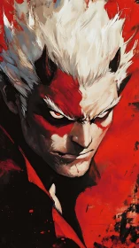 Horned white-haired figure in red and black portrait illustration.