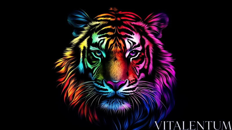 Digitally rendered tiger portrait uses multicolor neon contours