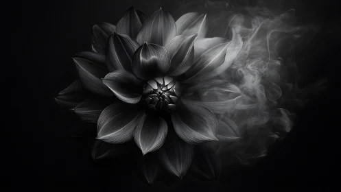 Velvety monochrome flower quietly blooms in drifting mist