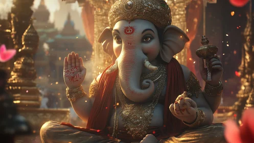Digital Ganesh idol in ornate temple light and petals.