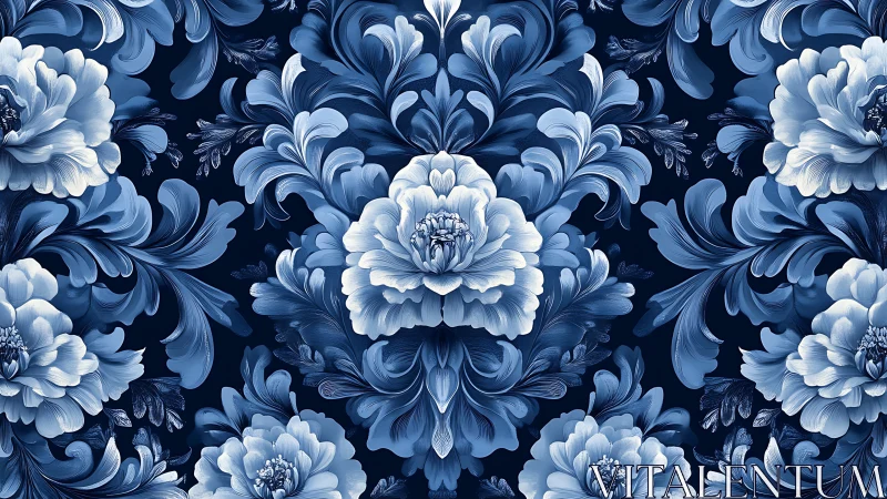 Blue floral damask pattern with layered peony blooms.