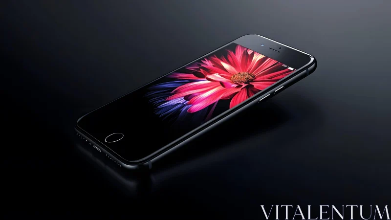 Sleek black smartphone with vivid flower wallpaper in modern style.