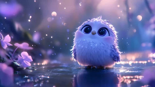 Cute baby owl on wet forest ground in soft purple light.