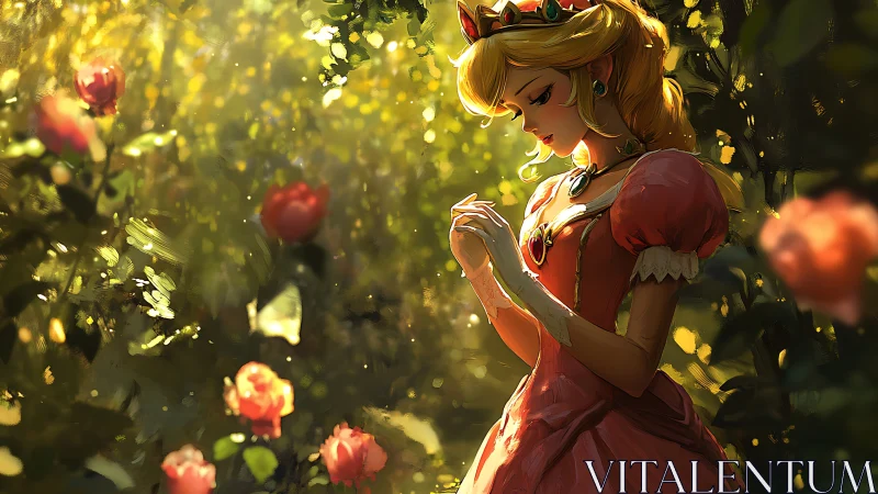 Female figure in pink dress stands in sunlit garden