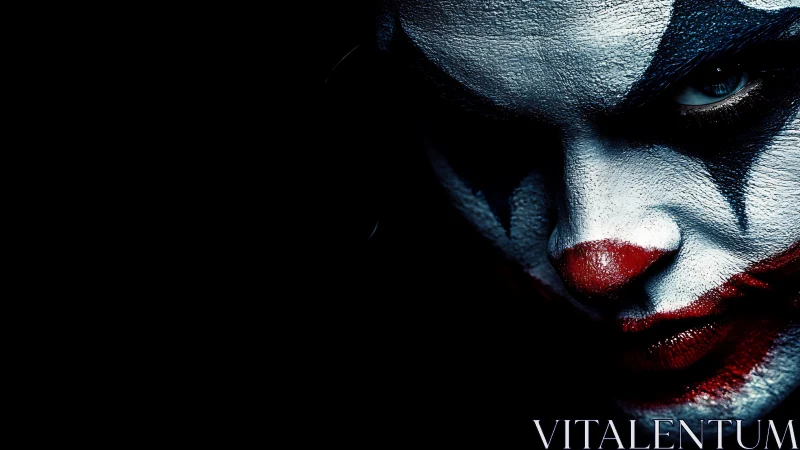 Clown face makeup fills right side with harsh shadow contrast.