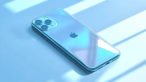 Sleek modern iPhone on glossy blue surface with bright reflections.