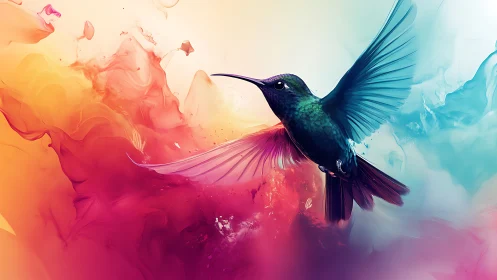 Iridescent hummingbird in vivid abstract fluid color field.