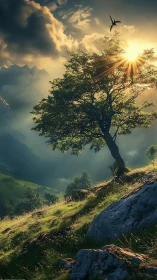 Backlit hillside tree with raking sunbeams over alpine valley.