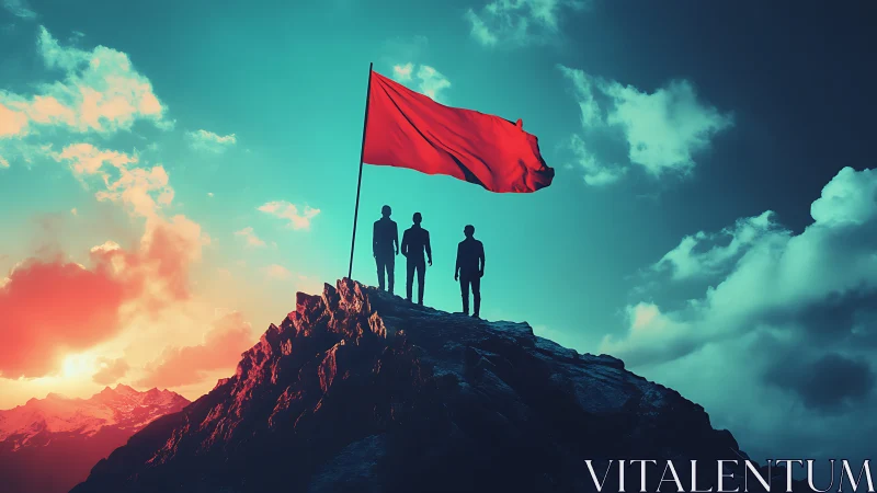 Crimson summit flag and three silhouettes under electric sky.