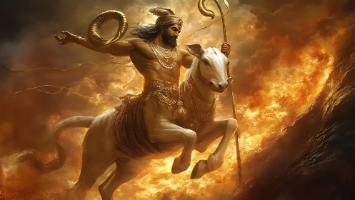 Divine warrior on celestial steed amid incandescent storm sky.